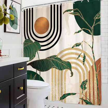 Glawry Extra Long Shower Curtain 72Wx84L Inches Boho Abstract Mid Century Green Tropical Palm Tree Bathroom Minimalist Modern Aesthetic Geometric Bath Accessories Art Home Decor Fabric 12 Pack Hooks