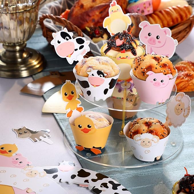 Blulu 60 Pieces Farm Animal Cupcake Toppers and Wrappers for Farm Theme Party Cupcake Wrappers Toppers Animal Birthday Barnyard Party Decoration Baby Shower Supplies