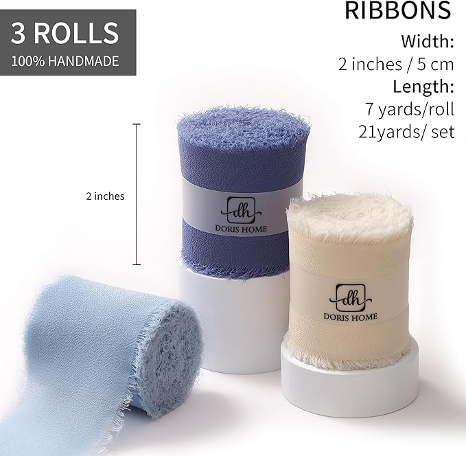 DORIS HOME Blue and Cream Chiffon Ribbon for Flower Bouquet, 2" x21Yd Fabric Ribbon for Gift Wrapping, Handmade Frayed Ribbon for Wedding/Christmas Decorations