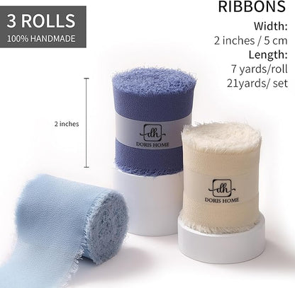 DORIS HOME Blue and Cream Chiffon Ribbon for Flower Bouquet, 2" x21Yd Fabric Ribbon for Gift Wrapping, Handmade Frayed Ribbon for Wedding/Christmas Decorations