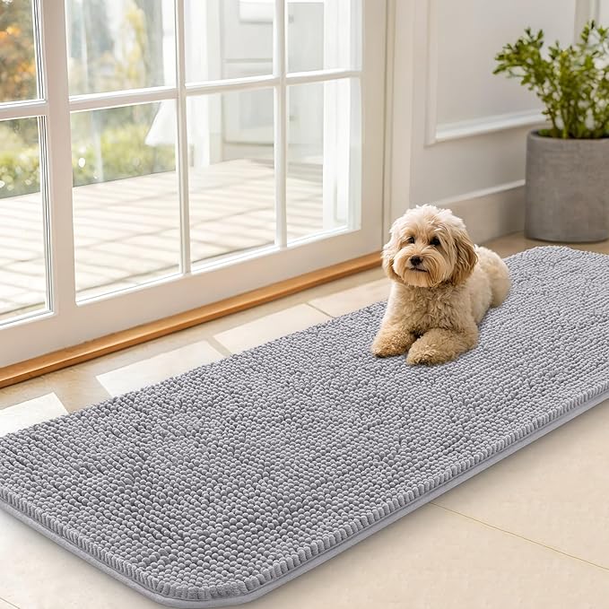 OLANLY Dog Door Mat for Muddy Paws 59x20, Absorbs Moisture and Dirt, Absorbent Non-Slip Washable Doormat, Quick Dry Chenille Mud Mat for Dogs, Entry Indoor Entryway Carpet for Inside Floor, Light Grey