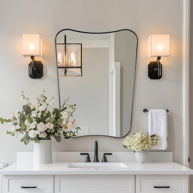 MIRRORART 24'x32'' Black Asymetrical Mirrors for Bathroom, | Premium Metal Frame Mirror Butturfly-Shaped Irregular Wall Mirrors Wall Mounted Vertical for Bathroom Remodel, HD Glass