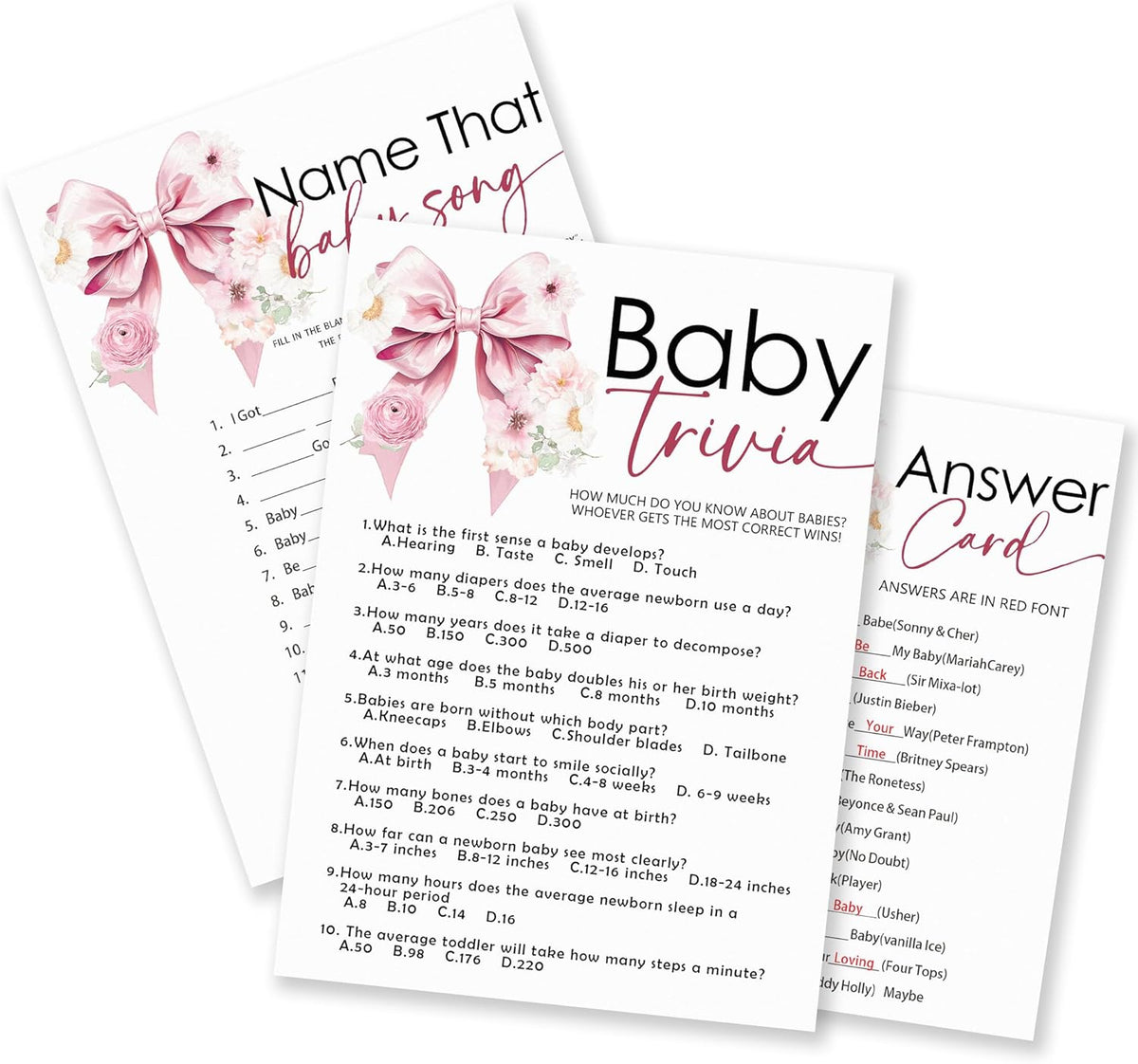 Name That Baby Song & Trivia Theme Baby Shower Game Activities-30 Pink Bow & Floral Double-Sided Game Cards(5’’x7 ’’) & 1 Answer Card(4’’x6’’) For Boys & Girls-Gender Natural Decor & Supplies-A02