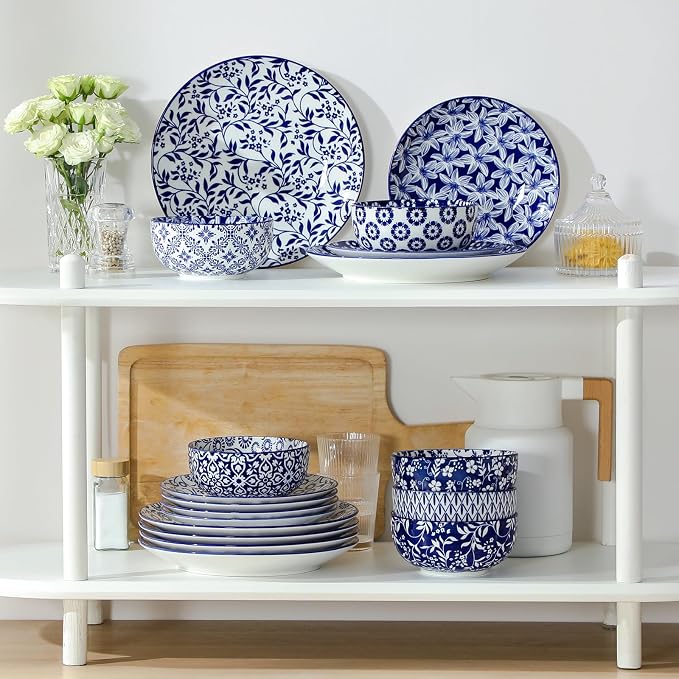 vancasso SELENE Plates and Bowls Set for 6, 18 Pieces Dinnerware Sets, Mircowave and Dishwasher Safe Dishes Set, Porcelain Blue Dinnerware