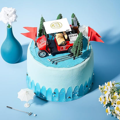 Leitee 21 Pcs Golf Cake Topper Cake Decoration Cupcake Topper Include Mini Cart Red Flag Ball Green Tree Club Sun Umbrella for Golf Themed Birthday(Red,Classic)