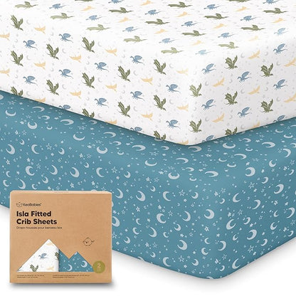 KeaBabies 2-Pack Baby Crib Sheets for Boys, Girls - 52x28 Viscose Derived from Bamboo Toddler Bed Sheets Neutral, Fitted Crib Mattress Cover for Standard Baby Bedding, Soft & Cozy (Dragon Tale)