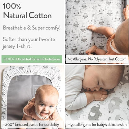 Moses Basket Fitted Sheets for 11 x 29 Inch Oval Bassinet Mattress – Snuggly Soft 100% Jersey Cotton – Owls and Elephants – 2 Pack