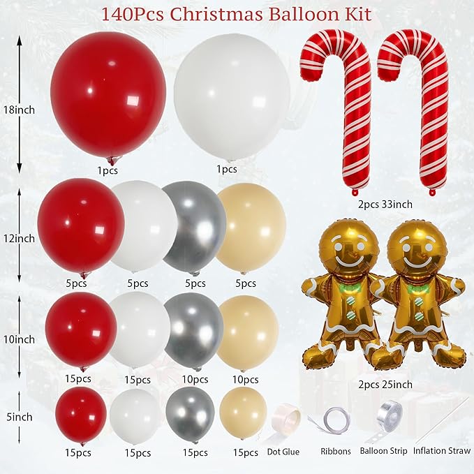 140PCS Christmas Balloon Arch Garland Kit with Red Nude White Silver Cane Gingerbread Man Balloons for Xmas Party Backdrop, Holiday Birthday Decorations, Winter or Snow Theme Baby Shower