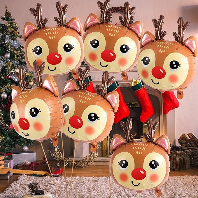 6 Pcs Reindeer Balloons, 21 x 26 Inch Reindeer Head Foil Balloons, Christmas Deer Balloon for Christmas Winter-Themed Birthday Parties Festival Decoration