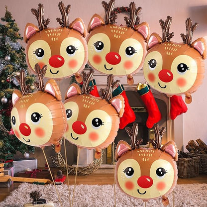 6 Pcs Reindeer Balloons, 21 x 26 Inch Reindeer Head Foil Balloons, Christmas Deer Balloon for Christmas Winter-Themed Birthday Parties Festival Decoration