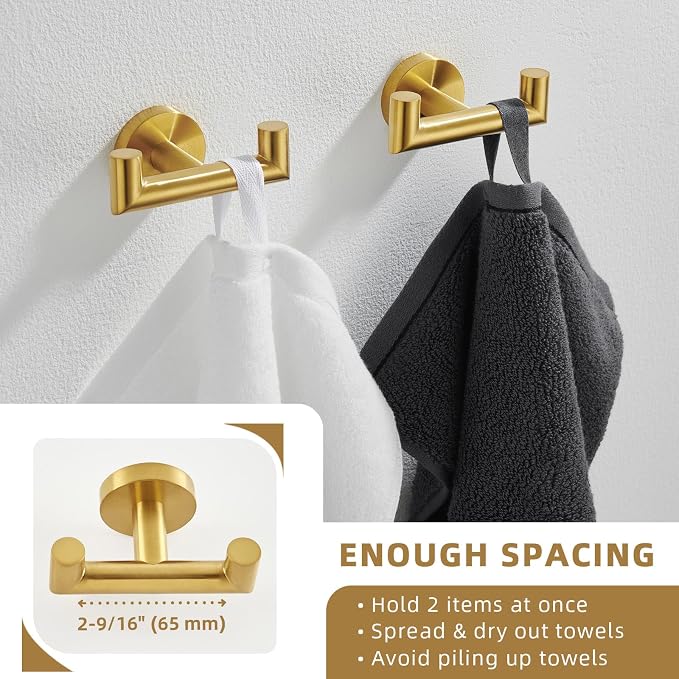 Angle Simple Towel Double Hook Brushed Dark Gold 2 PCS, SUS304 Stainless Steel Bathroom Hand Towel Holder, Double Robe Hook, Wall Mount