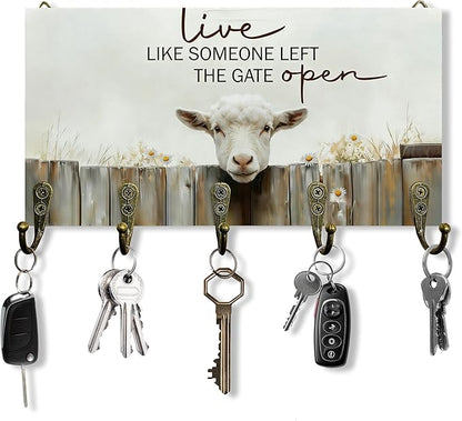 Sheep Gifts Key Holder for Wall 10"x5.12", Sheep Lamb Decor Key Hanger Wall Mount, Live Like Someone Left The Gate Open Rustic Farmhouse Lamb Wooden Hanging Keys Holder Decor for Entryway