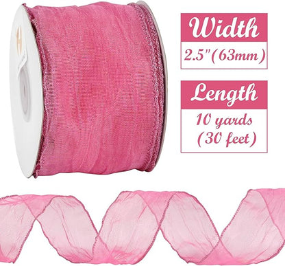 HUIHUANG Hot Pink Wired Ribbon 2.5 inch Fushcia Metallic Crinkle Wire Ribbon for Gift Wrapping Basket Wreath Bows Making Home Decor DIY Crafts Christmas Tree Decor - 10 Yards