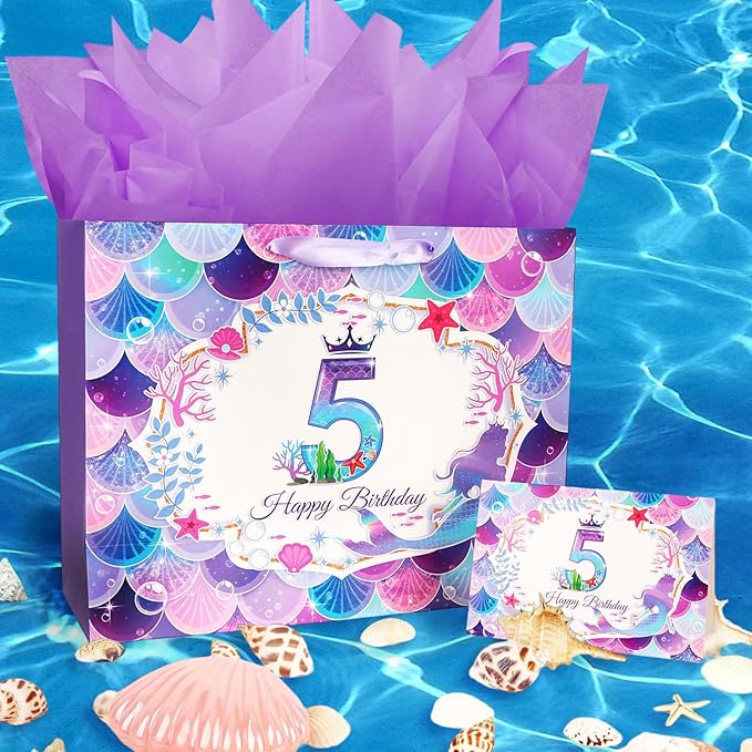 CIEHER 5th Birthday Gift Bags for Girls with Mermaid Greeting Card and Purple Tissue Papers for 5th Birthday Gifts