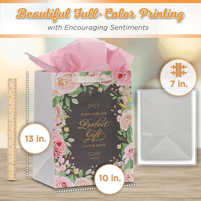 Christian Art Gifts Portrait Gift Bag with Card and Tissue Paper Set - Every Good Gift - James 1:17 Inspirational Bible Verse, Pink Rose Floral, Large