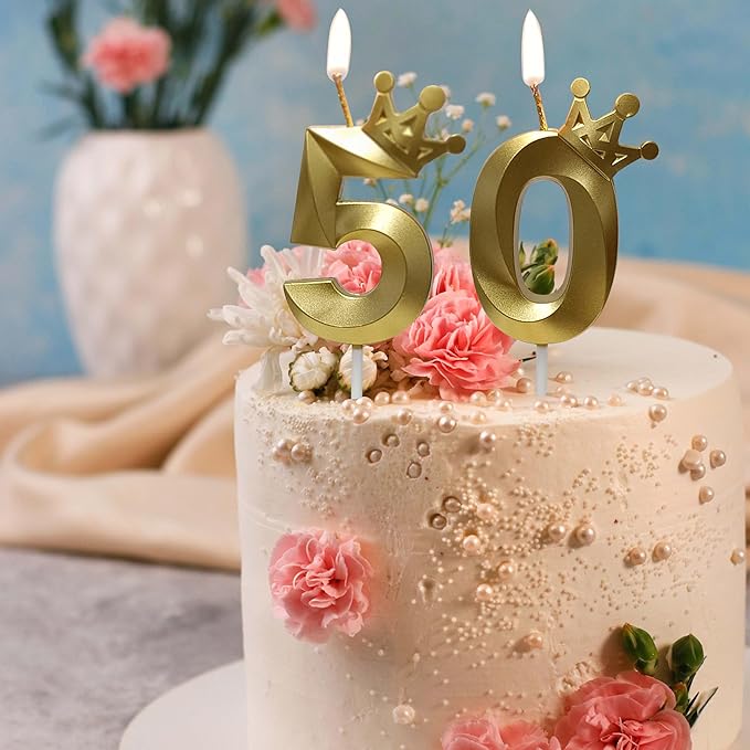 The Number 50 Gold Birthday Candles for Cake is Beautiful Number Candles for 50th Birthday Decorations for Man and Women (Gold-50, Crown)