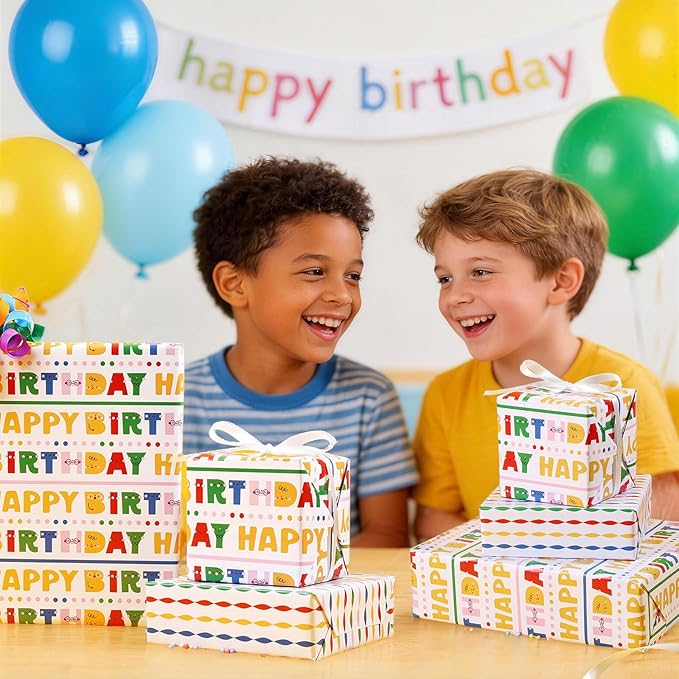 LaRibbons Birthday Wrapping Paper Roll - Colorful Happy Birthday Gift Wrap for Kids & Adults, Fun Party Design, Durable Gift Wrapping Paper for Birthday Presents