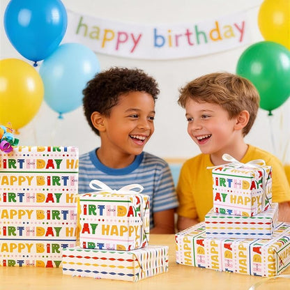 LaRibbons Birthday Wrapping Paper Roll - Colorful Happy Birthday Gift Wrap for Kids & Adults, Fun Party Design, Durable Gift Wrapping Paper for Birthday Presents