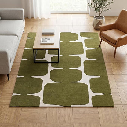 Restoration and Renovation Modern Wool Area Rug - Contemporary Abstract Geometric Design, Thick & Soft Hand-Tufted Carpet - Ideal for Indoor Decor in Living Room, Bedroom (Olive Green, 2.6' x 8')