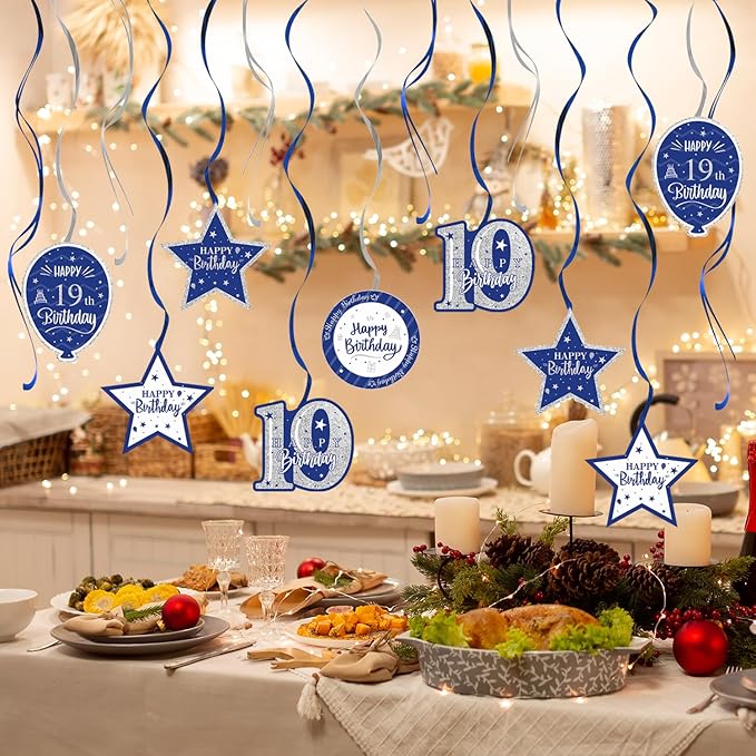 Happy 19th Birthday Blue & Silver Glitter Swirls Streamers Party Decorations - 15 Pcs 19th Birthday Hanging Swirls Streamers Kit,Cheers to Nineteen Years Old Bday Party Sign.