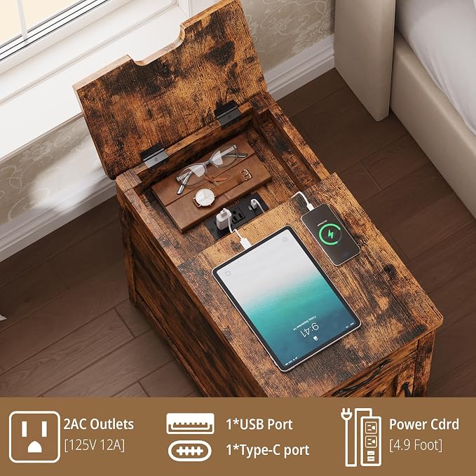 IRONCK End Table with Charging Station, Narrow Side Table