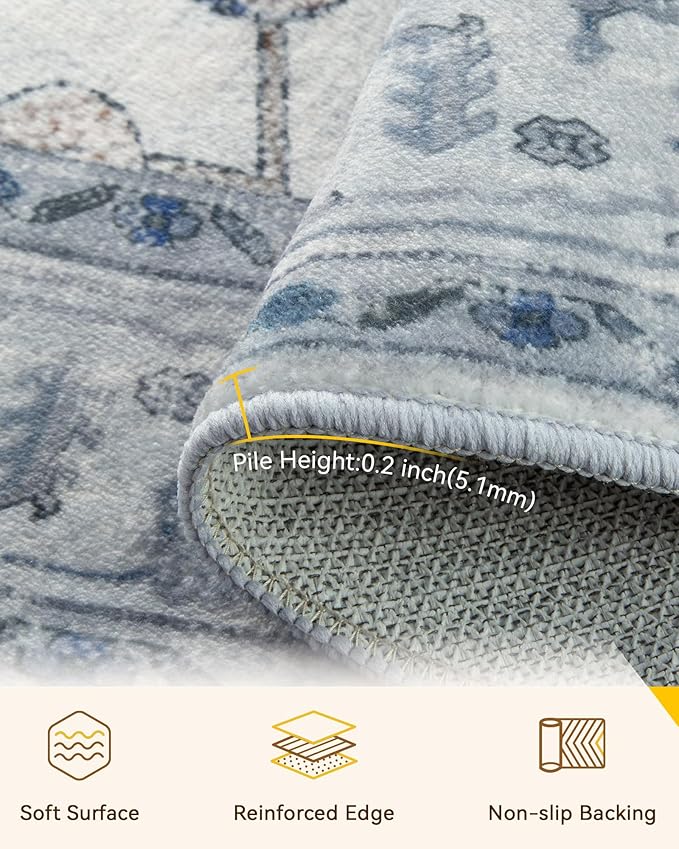 RELEANY Area Rugs Round 10ft Washable Non-Slip, Floral Vintage Distress Print Pattern Medallion Carpet for Living Room Bedroom Dining Room, Light Blue Navy Beige Gray White