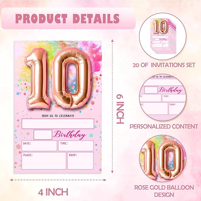 Rose Pink Balloon Birthday Invitations, 10th Surprise Birthday Party Invitations Cards with Envelopes, Confetti Polka Dot Fill-in Invites, 10th Pink Birthday Decorations for Girls -06