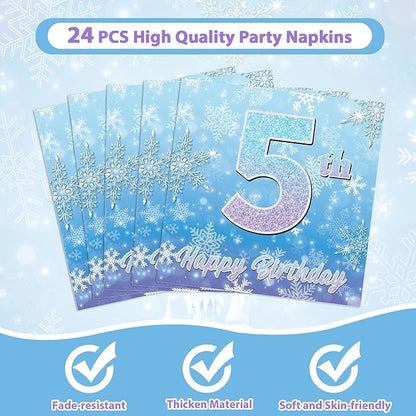 Snowflake Winter Wonderland 5th Birthday Paper Plates Napkins Forks Disposable Dinnerware Happy 5th Birthday Blue and Purple Winter Snowflake Tableware for Kids Christmas onderland Party Decorations