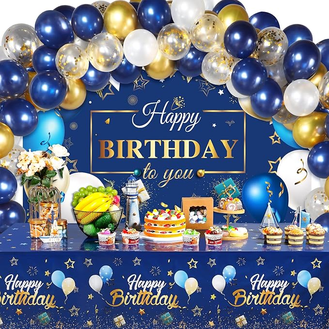 Moukeren Navy Blue and Gold Birthday Party Decorations 56 Pcs Happy Birthday Photography Backdrop Banner Tablecloths Confetti Balloons Kit for Boys Girls Men Women Party Supplies Decor