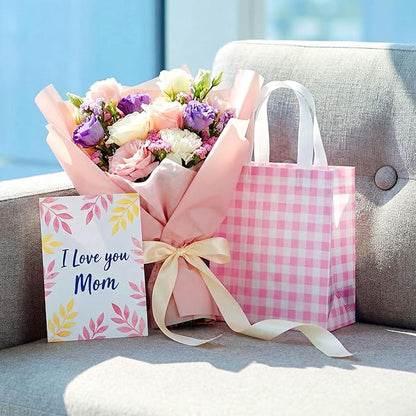 Sweetude 16 Pcs Pink White Checkered Gift Bags with Handles Gingham Pink and White Party Favors Non-Woven Reusable Tote for Women Wedding Birthday Baby Shower Mother's Day Party Decorations