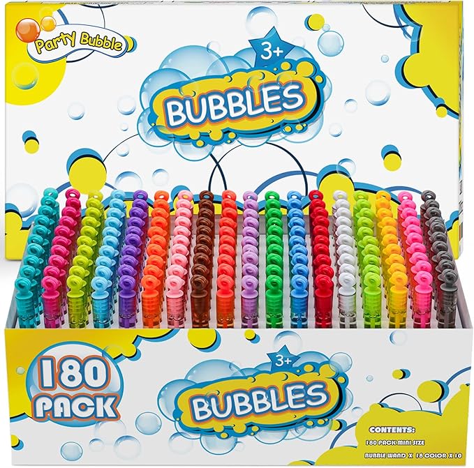 180 Piece Bubble Wands, 18 Colors Mini Neon Bubble Toy Bulk with Box for Halloween, Easter Basket Stuffers, Assortment Bubble Party Favors for Outdoor Indoor Activity Use, Child Kid Classroom Reward