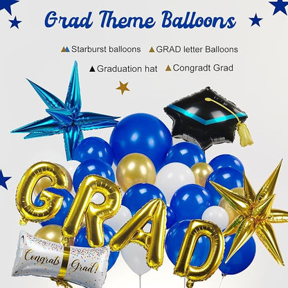 138Pcs Graduation Balloon Garland Arch Kit Blue and Gold - Class of 2026 Decorations with GRAD Foil Balloons, Cap and Diploma Balloons for College High School Graduation Prom Party Supplies