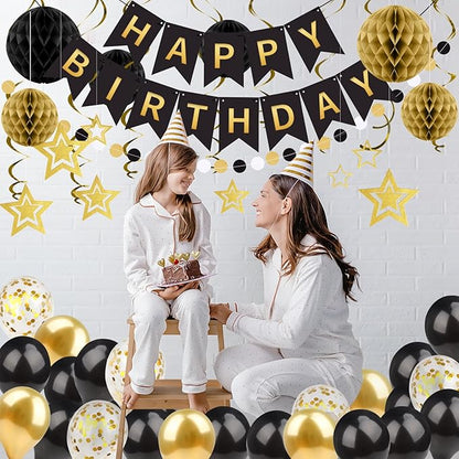 ZERODECO Black Gold Birthday Decorations, Easy to Assemble Happy Birthday Banner with Honeycomb Ball, Balloon, Hanging Swirl Streamer, Garland, Party Decorations for Women Men