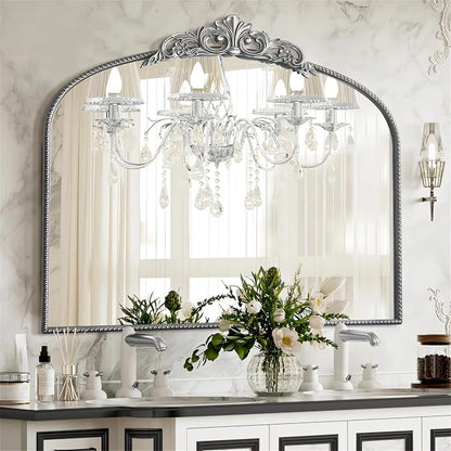 Micasso Large Vintage Silver Mirror: 40"x29" French Baroque Antique Arched Mirror - Traditional Ornate Decorative for Wall/Fireplace/Mantel/Entryway/Bathroom/Hallway - Home Decor for Living Room