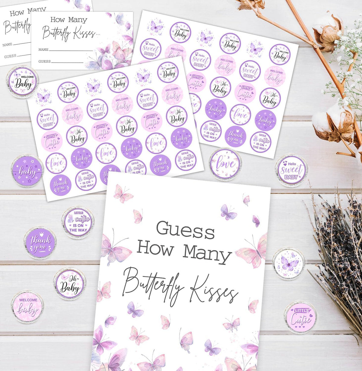 Butterfly Kisses Baby Shower Game Set - Guess How Many Kisses, 50 Cards, Standing Sign, 180 Stickers