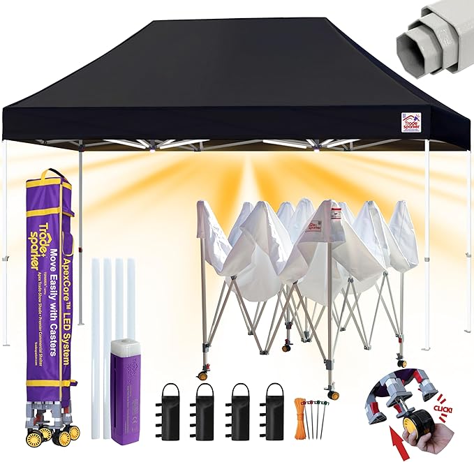 Tradesparker 10x15 Pop Up Canopy Tent,Commercial Movable Canopy with ApexCore LED&Rugged Casters-Instant Easy Setup Shelter Canopies with Weight Bags&Stakes for Outdoor Events Markets Vendors,Black