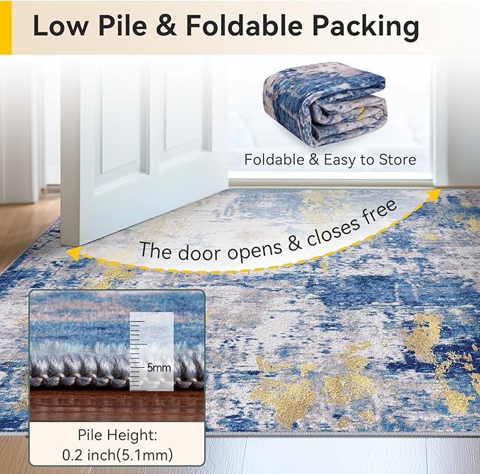 RELEANY Washable Area Rugs 3x4 Non-Slip Modern Abstract Soft for Living Room Entryway Bedroom Nursery, Print Pattern, Grey Blue Gold/Golden