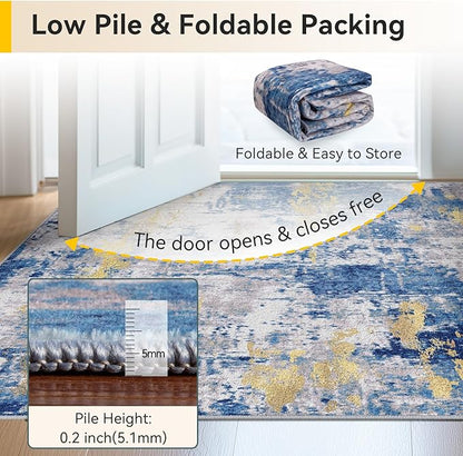 RELEANY Washable Area Rugs 3x4 Non-Slip Modern Abstract Soft for Living Room Entryway Bedroom Nursery, Print Pattern, Grey Blue Gold/Golden