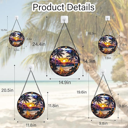 Stained Glass Window Hanging,Bonfire Beach Landscape Suncatcher Diamond Glass Panel Sun Catchers Decor for Birthday for Women, Men, Wife, Aunt, and Mom 14.9x14.9 in