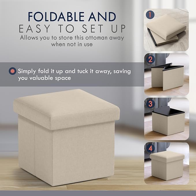Ornavo Home Small Storage Ottoman Foldable Collapsible Cube Square Linen