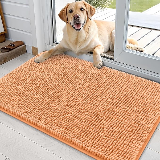 OLANLY Dog Door Mat for Muddy Paws 36x24, Absorbs Moisture and Dirt, Absorbent Non-Slip Washable Doormat, Quick Dry Chenille Mud Mat for Dogs, Entry Indoor Entryway Carpet for Inside Floor, Orange