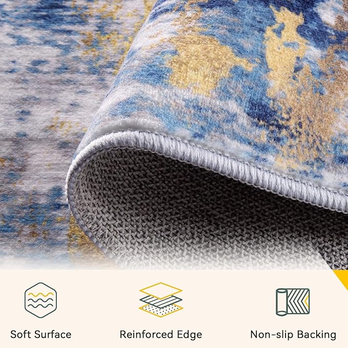 RELEANY Washable Area Rugs 3x4 Non-Slip Modern Abstract Soft for Living Room Entryway Bedroom Nursery, Print Pattern, Grey Blue Gold/Golden