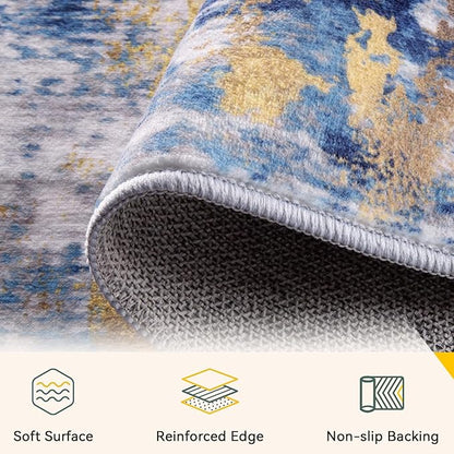 RELEANY Washable Area Rugs 3x4 Non-Slip Modern Abstract Soft for Living Room Entryway Bedroom Nursery, Print Pattern, Grey Blue Gold/Golden