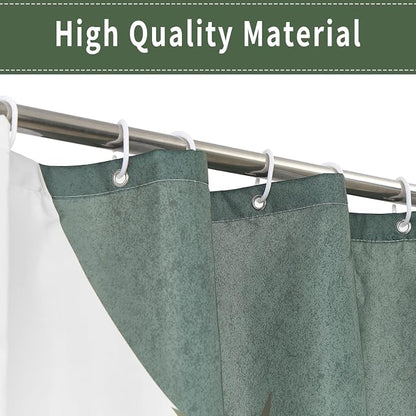 Boho Mid Century Shower Curtain, Green Modern Minimalist Abstract Geometric Gold Plant Leaves Sun Arch Bathroom Curtains Waterproof Fabric Buthtub Curtain Set with Hooks 72" Wx72 L
