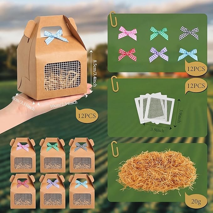 Maitys Chicken Birthday Party Favor Boxes Farm Animal Foldable Chicken Box with Raffia Grass Bow Paper Treat Goodie Boxes for Adopt Chick Party Birthday(Classic,3.94'' X 3.35'' X 3.15'',12 Pcs)