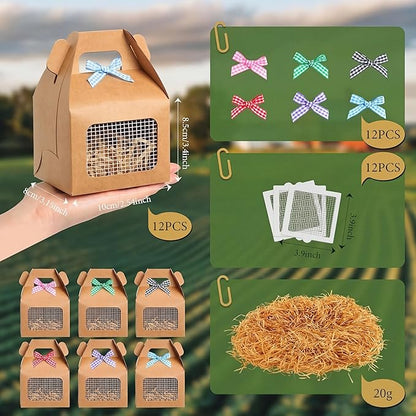Maitys Chicken Birthday Party Favor Boxes Farm Animal Foldable Chicken Box with Raffia Grass Bow Paper Treat Goodie Boxes for Adopt Chick Party Birthday(Classic,3.94'' X 3.35'' X 3.15'',12 Pcs)