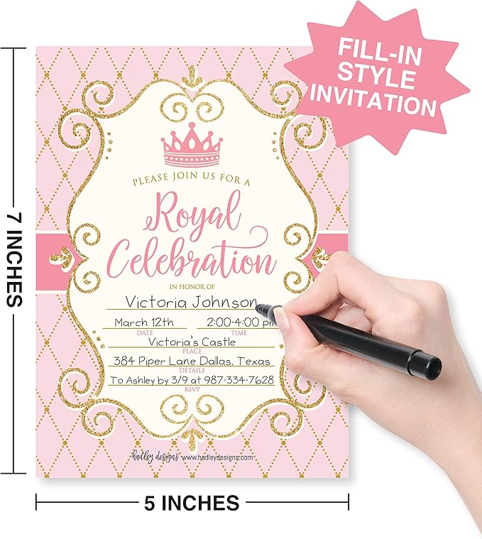 Hadley Designs Kids Birthday Invitations Girl Princess Theme - 25 Royal Birthday Party Invitations For Girls, Princess Invites For Girls, Cute Party Supplies, Made in USA
