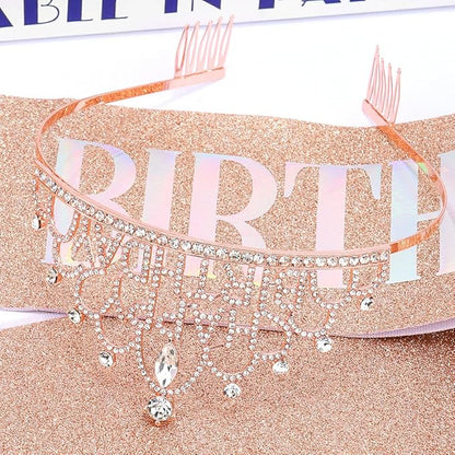 Rose Gold Birthday Crown and Sash for Women Girls Rose Gold Tiaras for Women Crowns for Girls Princess Crown Rhinestone Happy Birthday Hair Accessories