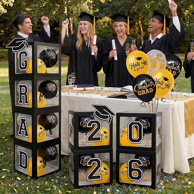 2026 Graduation Decorations 4 Grad Balloon Boxes with Letters 2026 Grad & So Proud of You and 18pcs Balloons Graduation Party Decorations (Black)