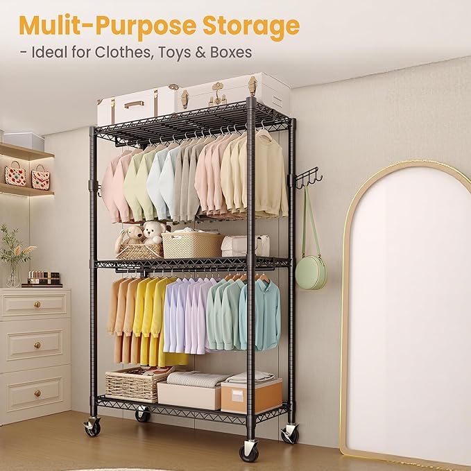 IDEALHOUSE Homdox Heavy Duty Rolling Clothing Rack, Adjustable Garment Rack with 3-Tier Storage Shelves, Freestanding Closet Organizer for Hanging Clothes, Metal Wardrobe Rack with Side Hooks, Black